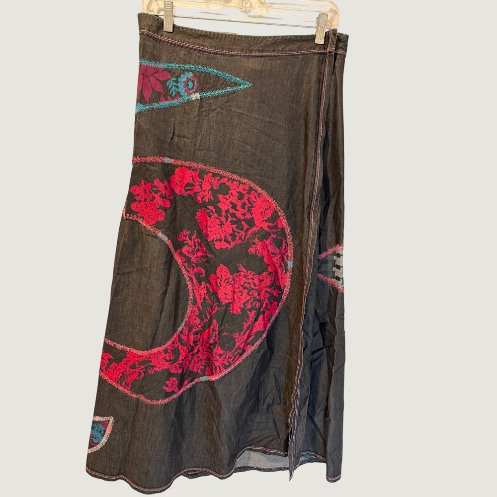 Vintage 90s Custo Barcelona Embroidered Floral Patchwork Midi Skirt